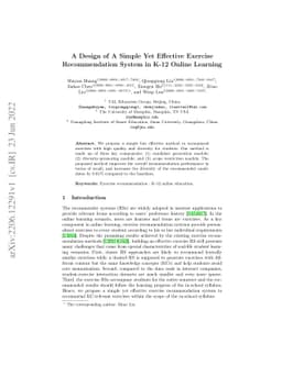 A Design of A Simple Yet Effective Exercise Recommendation System in
  K-12 Online Learning