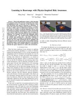 Learning to Rearrange with Physics-Inspired Risk Awareness