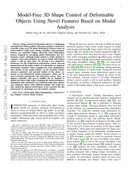 Model-Free 3D Shape Control of Deformable Objects Using Novel Features
  Based on Modal Analysis