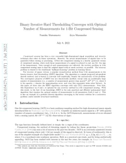 Binary Iterative Hard Thresholding Converges with Optimal Number of
  Measurements for 1-Bit Compressed Sensing