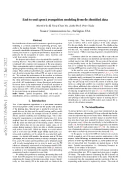 End-to-end speech recognition modeling from de-identified data