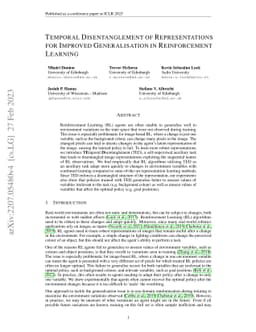 Temporal Disentanglement of Representations for Improved Generalisation
  in Reinforcement Learning