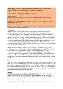 Developing an NLP-based Recommender System for the Ethical, Legal, and
  Social Implications of Synthetic Biology