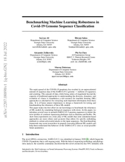 Benchmarking Machine Learning Robustness in Covid-19 Genome Sequence
  Classification
