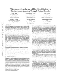 ARtonomous: Introducing Middle School Students to Reinforcement Learning
  Through Virtual Robotics