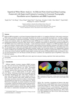 Superficial White Matter Analysis: An Efficient Point-cloud-based Deep
  Learning Framework with Supervised Contrastive Learning for Consistent
  Tractography Parcellation across Populations and dMRI Acquisitions