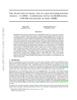 The trade-offs of model size in large recommendation models : A 10000
  $\times$ compressed criteo-tb DLRM model (100 GB parameters to mere 10MB)
