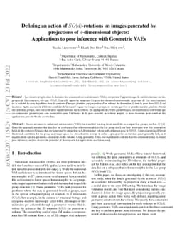 Defining an action of SO(d)-rotations on images generated by projections
  of d-dimensional objects: Applications to pose inference with Geometric VAEs