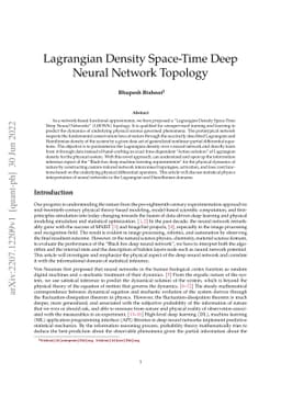 Lagrangian Density Space-Time Deep Neural Network Topology
