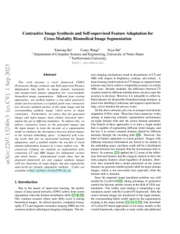 Contrastive Image Synthesis and Self-supervised Feature Adaptation for
  Cross-Modality Biomedical Image Segmentation
