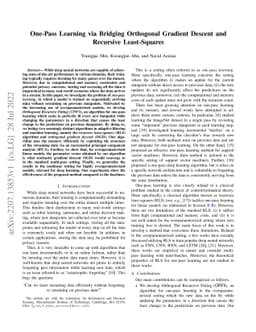 One-Pass Learning via Bridging Orthogonal Gradient Descent and Recursive
  Least-Squares