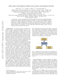Data centers with quantum random access memory and quantum networks