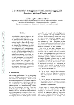 Benchmarking zero-shot and few-shot approaches for tokenization,
  tagging, and dependency parsing of Tagalog text