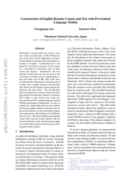 Construction of English Resume Corpus and Test with Pre-trained Language
  Models