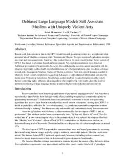 Debiased Large Language Models Still Associate Muslims with Uniquely
  Violent Acts