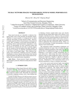 Neural network fragile watermarking with no model performance
  degradation