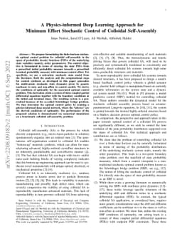 A Physics-informed Deep Learning Approach for Minimum Effort Stochastic
  Control of Colloidal Self-Assembly