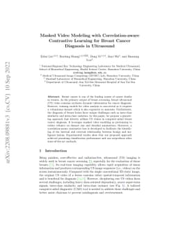 Masked Video Modeling with Correlation-aware Contrastive Learning for
  Breast Cancer Diagnosis in Ultrasound