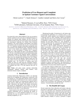 Prediction of User Request and Complaint in Spoken Customer-Agent
  Conversations