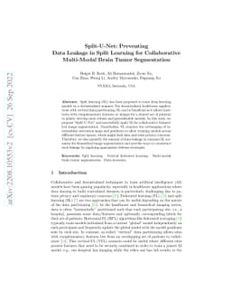 Split-U-Net: Preventing Data Leakage in Split Learning for Collaborative
  Multi-Modal Brain Tumor Segmentation