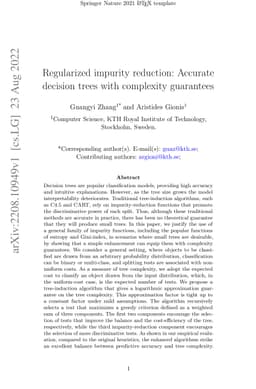 Regularized impurity reduction: Accurate decision trees with complexity
  guarantees