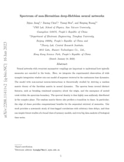 Spectrum of non-Hermitian deep-Hebbian neural networks