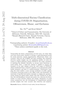 Multi-dimensional Racism Classification during COVID-19: Stigmatization,
  Offensiveness, Blame, and Exclusion