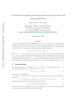 A correlation inequality for random points in a hypercube with some
  implications