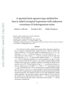 A spectral least-squares-type method for heavy-tailed corrupted
  regression with unknown covariance \& heterogeneous noise