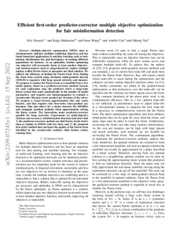 Efficient first-order predictor-corrector multiple objective
  optimization for fair misinformation detection