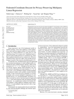 Federated Coordinate Descent for Privacy-Preserving Multiparty Linear
  Regression