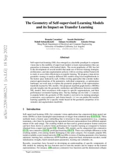 The Geometry of Self-supervised Learning Models and its Impact on
  Transfer Learning