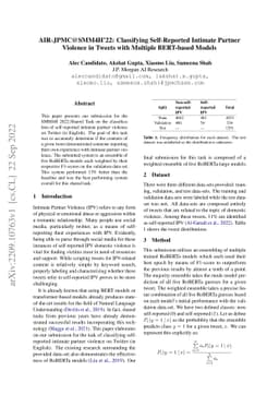 AIR-JPMC@SMM4H'22: Classifying Self-Reported Intimate Partner Violence
  in Tweets with Multiple BERT-based Models