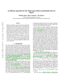An Efficient Algorithm for Fair Multi-Agent Multi-Armed Bandit with Low
  Regret