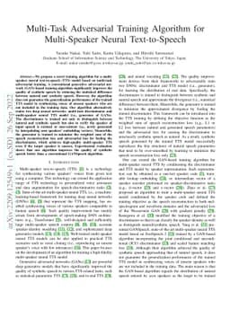 Multi-Task Adversarial Training Algorithm for Multi-Speaker Neural
  Text-to-Speech