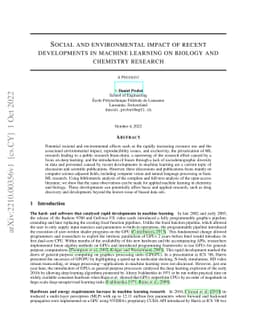 Social and environmental impact of recent developments in machine
  learning on biology and chemistry research