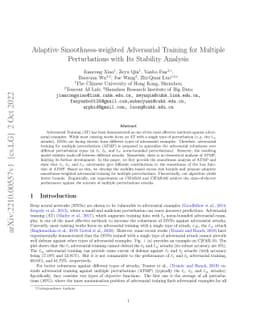 Adaptive Smoothness-weighted Adversarial Training for Multiple
  Perturbations with Its Stability Analysis