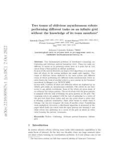 Two teams of oblivious asynchronous robots performing different tasks on
  an infinite grid without the knowledge of its team members