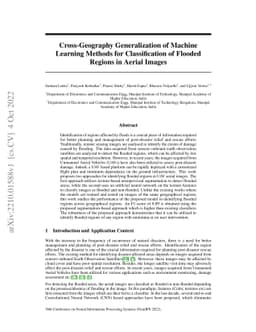 Cross-Geography Generalization of Machine Learning Methods for
  Classification of Flooded Regions in Aerial Images