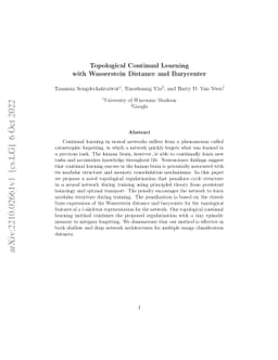 Topological Continual Learning with Wasserstein Distance and Barycenter