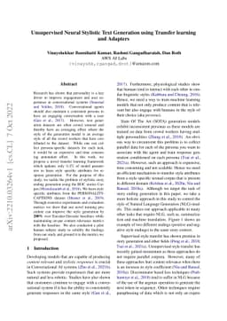 Unsupervised Neural Stylistic Text Generation using Transfer learning
  and Adapters