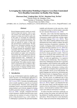 Leveraging Key Information Modeling to Improve Less-Data Constrained
  News Headline Generation via Duality Fine-Tuning