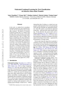 Federated Continual Learning for Text Classification via Selective
  Inter-client Transfer