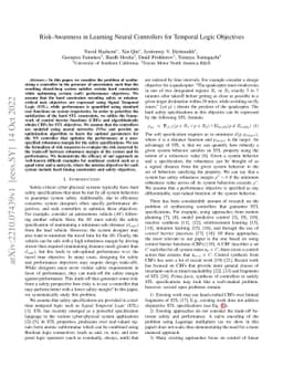 Risk-Awareness in Learning Neural Controllers for Temporal Logic
  Objectives