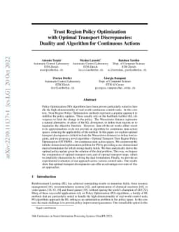 Trust Region Policy Optimization with Optimal Transport Discrepancies:
  Duality and Algorithm for Continuous Actions