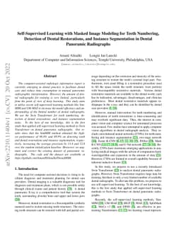 Self-Supervised Learning with Masked Image Modeling for Teeth Numbering,
  Detection of Dental Restorations, and Instance Segmentation in Dental
  Panoramic Radiographs