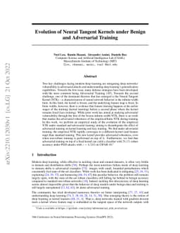 Evolution of Neural Tangent Kernels under Benign and Adversarial
  Training