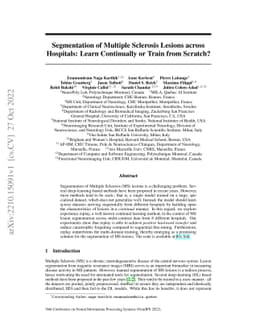 Segmentation of Multiple Sclerosis Lesions across Hospitals: Learn
  Continually or Train from Scratch?