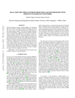 Real-Time MRI Video synthesis from time aligned phonemes with
  sequence-to-sequence networks