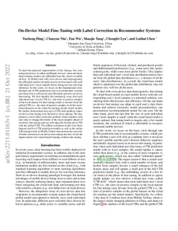 On-Device Model Fine-Tuning with Label Correction in Recommender Systems